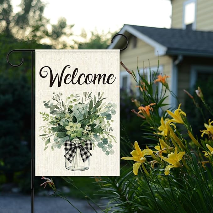 Welcome Flags for Outside,Spring Eucalyptus Mason Jar Garden Flag for Yard Patio Lawn Decoration,12x18 Inch Double Sided