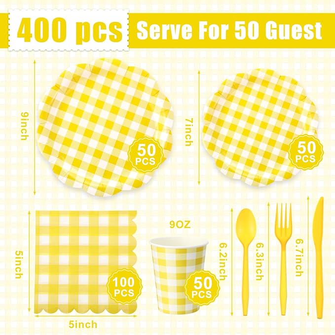 Funnymoom 400 Pcs Gingham Party Supplies for 50 Guests Yellow and White Paper Plates and Napkins Knives Spoon Fork Cup Disposable Checkered Dinner Party Set Cutlery for Baby Shower Wedding Favor