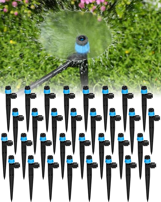 36Pack Drip Irrigation Parts, Quick Connect 1/4" Adjustable 360° Emitter Sprinklers with 6" Stake, Easy-Clean for Garden & Farm Irrigation Systems