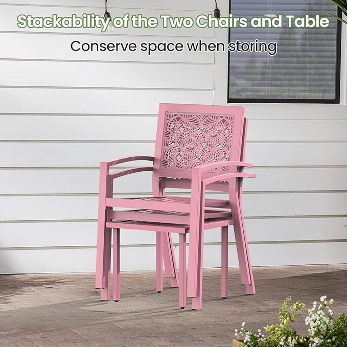 BUPPLEE 3 Piece Patio Bistro Set, Outdoor Steel Furniture Set, Stackable Modern Conversation Sets for Balcony Garden Deck Patio w/2 Chairs 1 Table, Pink