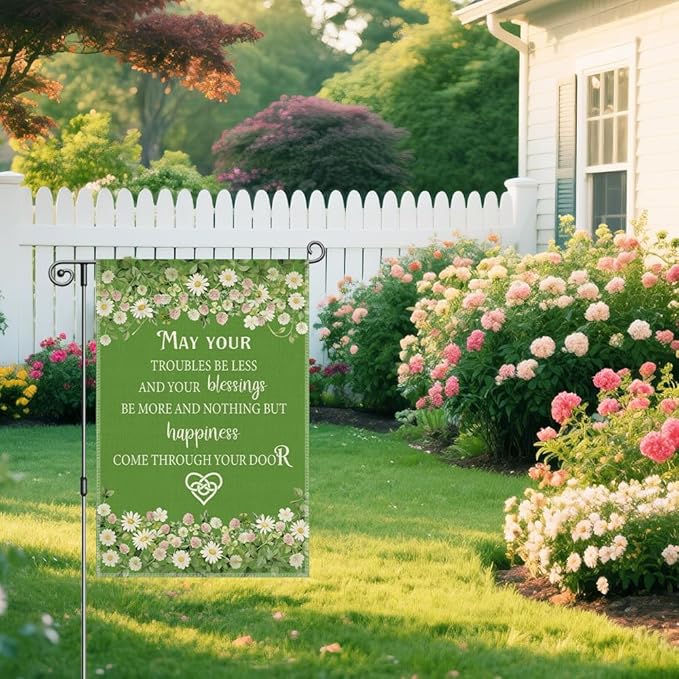 May Your Troubles Be Less and Your Blessings Be More Funny Garden Flag for Outside, Inspirational Irish Blessing Yard Banner, Green Floral Spring Welcome Farmhouse Home Holiday Outdoor Decor