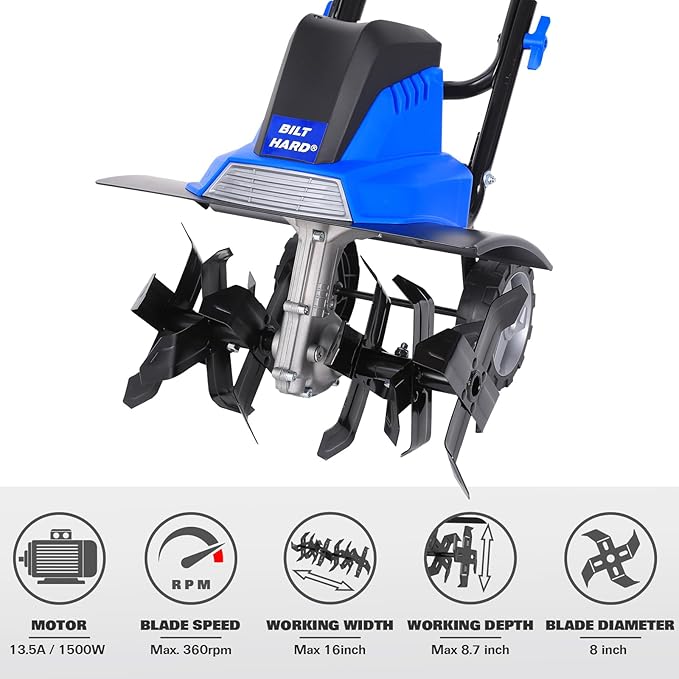 BILT HARD 16-Inch Corded Garden Tiller Cultivator, 13.5-Amp 6 Steel Tines Tillers with Adjustable Wheels & Foldable Handle, 8-Inch Tillling Depth Electric Rototiller for Lawn/Yard/Garden Soil Digging