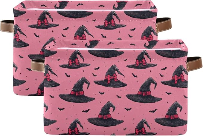 Wamika Halloween Witch Hat Storage Basket with Waterproof Liner and PU Handles Pink Bow Bowknot Bat Storage Bins Boxes 14.2" Collapsible Decorative Organizer Baskets for Bedroom Closet Office 2 Pack