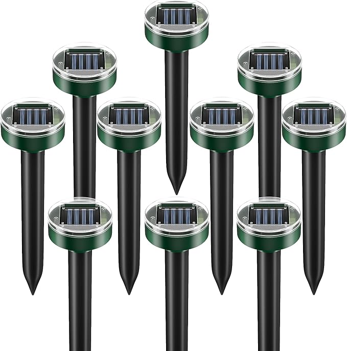 Solar Powered Mole Repellent Stakes - Ultrasonic Outdoor Rodent Repellent for Voles, Groundhogs, Snakes & Chipmunks - IP44 Waterproof Lawn & Garden Pest Control, Pet Safe – 10 Pack, Round