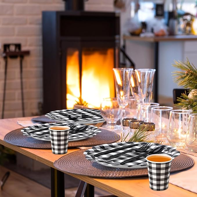 Funnymoom 400 Pcs Gingham Party Supplies for 50 Guests Black and White Paper Plates and Napkins Knives Spoon Fork Cup Disposable Checkered Dinner Party Set Cutlery for Baby Shower Wedding Favor
