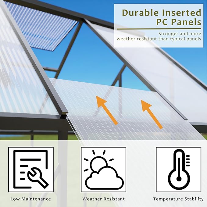 HOOYEAH Outdoor Polycarbonate Greenhouse, 6 x 10 FT Aluminum Frame Plant Green House with Locking Door & Roof Vent, Heavy Duty Winter Greenhouse for Backyard Gardening