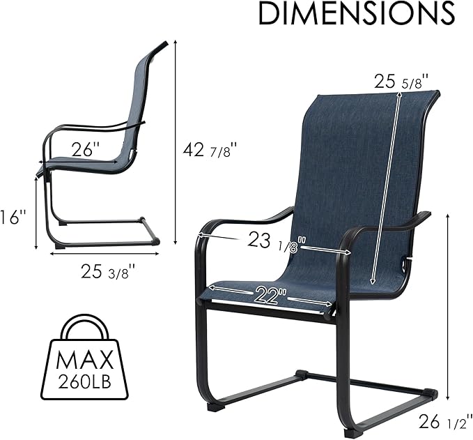 Kozyard C-Spring Patio Chairs Set of 2 High Back Dining Chairs Breathable Textilene Fabric Sturdy Metal Frame for Backyard, Lawn, Deck (NavyBlue, C-Spring)