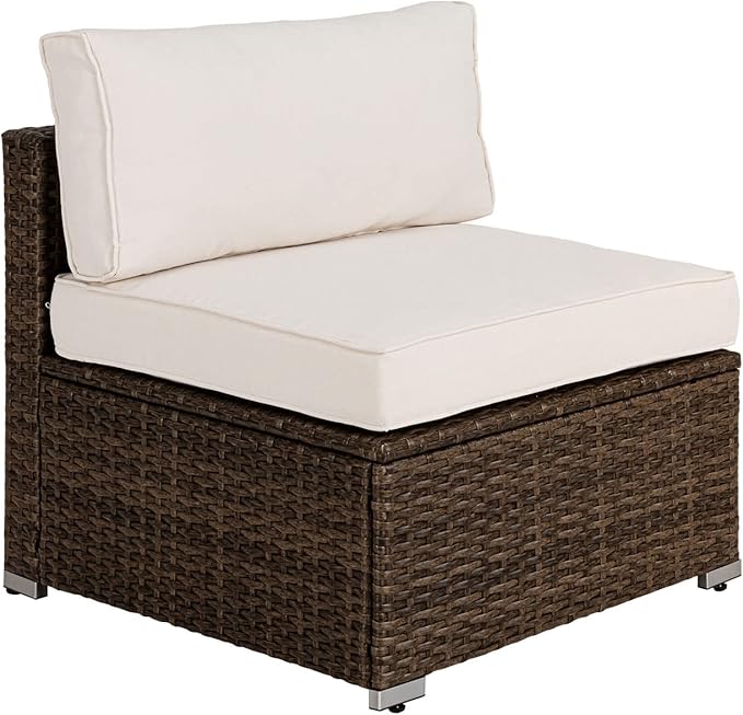 COSIEST Outdoor Furniture Add-on Armless Chair for Expanding Wicker Sectional Sofa Set w Off White Thick Cushions for Garden, Pool, Backyard