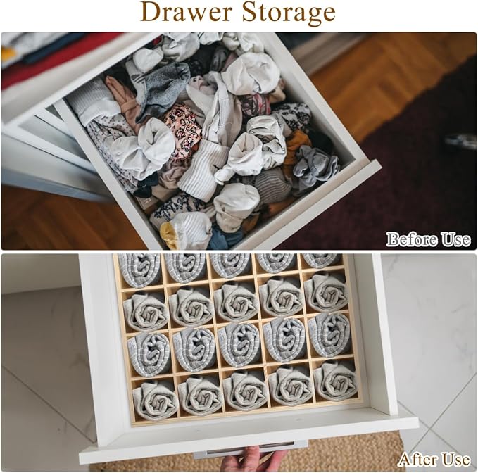 Angoily Socks Organizer Storage Box, Drawer Organizer with 20 Compartments for Underwear and Sundries, Stackable Drawer Container in Original Wooden Color 13.38 X 10.62 X 1.96 in