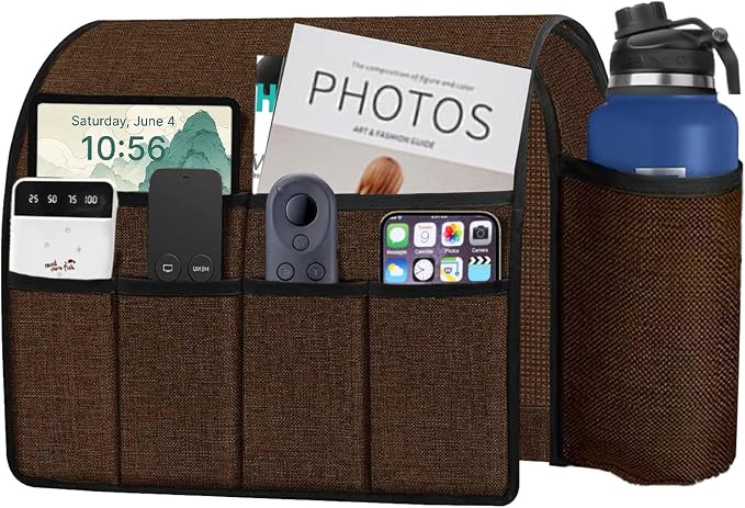 Ntomtuex Sofa Armchair Caddy Remote Control Holder with Water Bottle for Couch Recliner, Armrest Organizer with 7-Pocket Design for Magazines, Eyeglasses, iPad, Phone, Brown