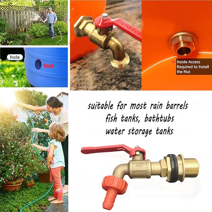 2 Pack Rain Barrel Spigot Kit, Brass Water Tank Faucet with 1 Inch OD Bulkhead Fitting for Outdoor Plastic Bucket Rain Water Drum Gal Container Down Spout Diverter in Garden