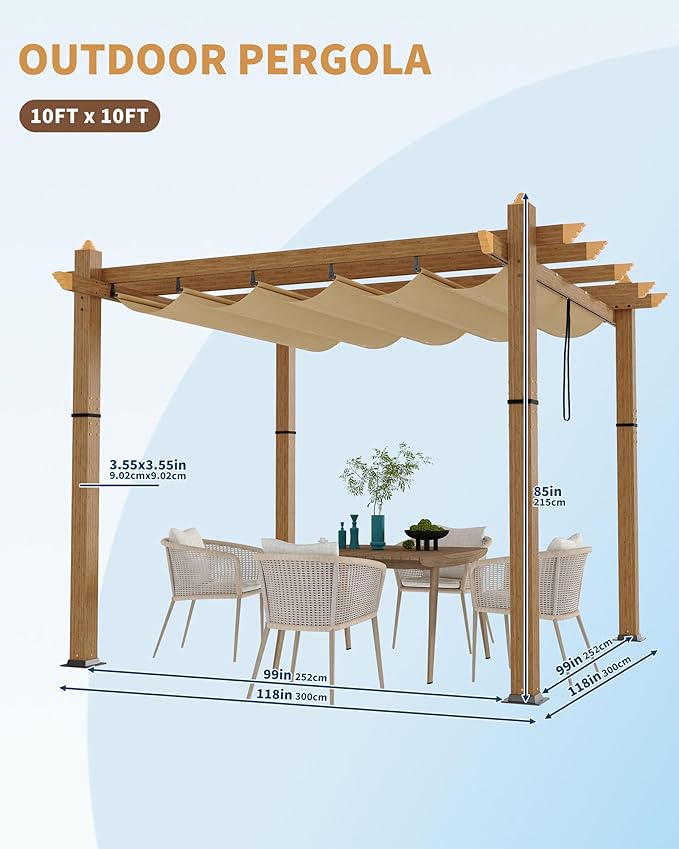 KYBOLT 10x10 Ft Aluminum Pergola Outdoor Gazebo with Retractable Canopy Imitation Wood-Grain Sun Shade Shelter for Garden Patio Backyard Deck(Khaki)