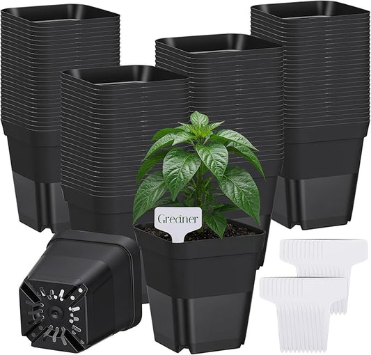GREANER 4 Inch Nursery Pots, 100PCS Square Plastic Plant Pot with Drainage Holes, Small Planters for Seedling, Planting, Transplanting, Cuttings(Black)