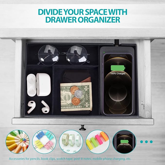 Valet Tray, Built in Wireless Charging Pad, Nightstand Organizer