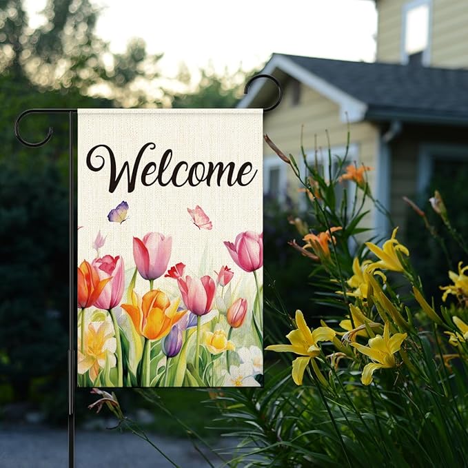 Welcome Flags for Outside,Spring Tulips Garden Flag for Yard Patio Lawn Decoration,12x18 Inch Double Sided