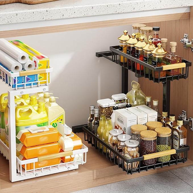 GarveeLife Under Sink Organizer, L-Shape Pull-Out 2-Tier Carbon Steel Storage Organizer with Suction Cups - Space-Saving Cabinet Rack for Kitchen & Bathroom - Easy Access Sliding Design -Black