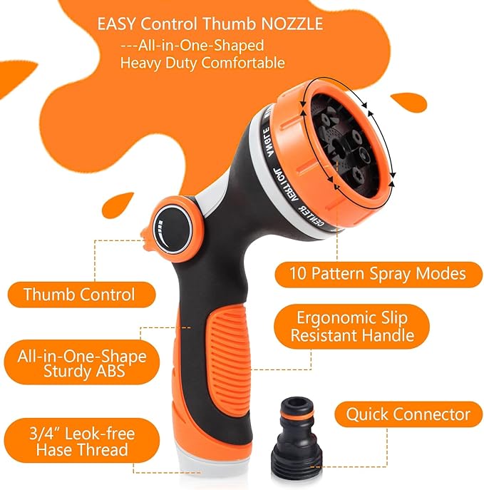 Garden Hose Sprayer Nozzle, Heavy Duty Water Hose Nozzle Gift for Dad, Thumb Control 10 Function Solid ABS Material, Ergonomic Slip Proof with Standard 3/4" Fitting & Quick Connector