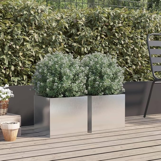 Stainless Steel Planter Set of 2 Medium Silver Rectangular Planters for Outdoor Garden Balcony Patio Decor Durable Rust-Resistant