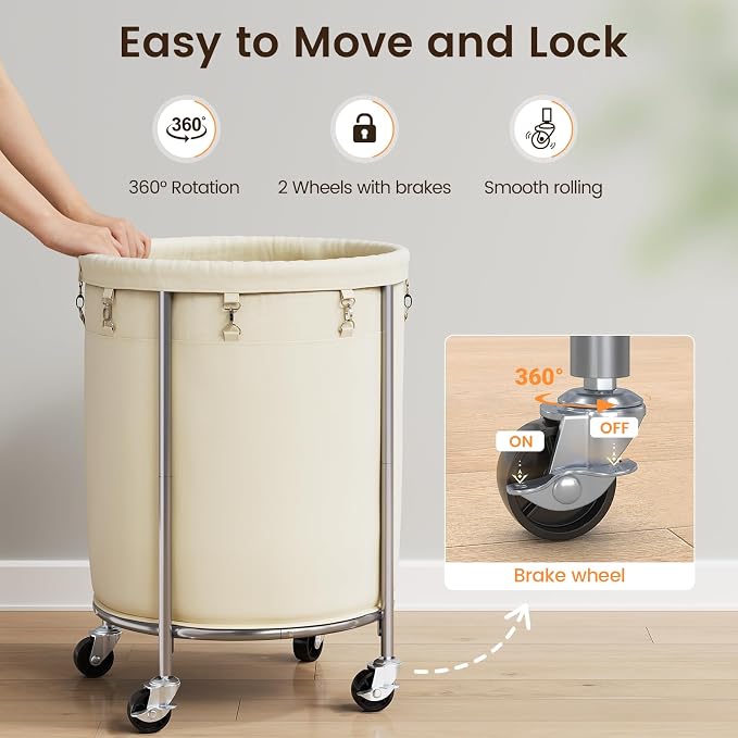 ELYKEN 190L Laundry Basket with Wheels, Steel Frame, Removable Bag, Cream