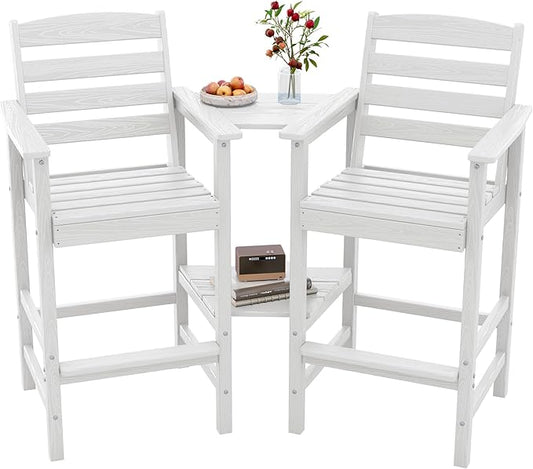 SERWALL Tall Adirondack Chairs Set of 2 with Connecting Table, Balcony Adirondack Chairs Set, Outdoor Bar Height Barstools Chair Set for Bistro, Poolside, Garden, White