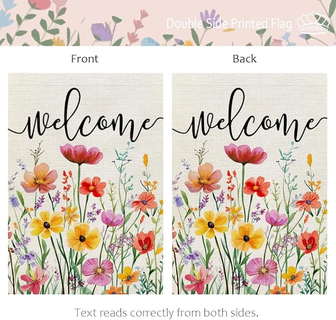 CROWNED BEAUTY Spring Garden Flag Wildflowers Floral Double Sided 12x18 Inches Small Burlap Welcome Holiday Seasonal Yard Decoration for Outside Porch CF1761-12