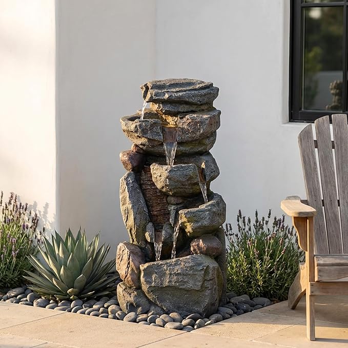 Bumilgar Water Features Outdoor Patio 6-Tier Cascading Rock Water Fountain 31.5''Water Fall Fountain Outside Resin Fountain with Light Mossy Rock Floor Garden Fountain Indoor for Relaxation Home Decor