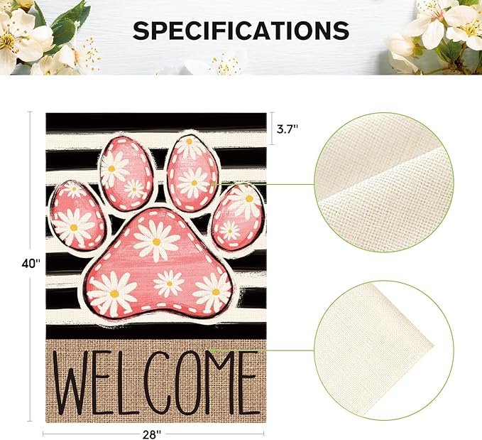 AVOIN colorlife Pink Paw Print Spring House Flag 28x40 Inch Double Sided Outside, Daisy Floral Welcome Stripes Yard Outdoor Flag