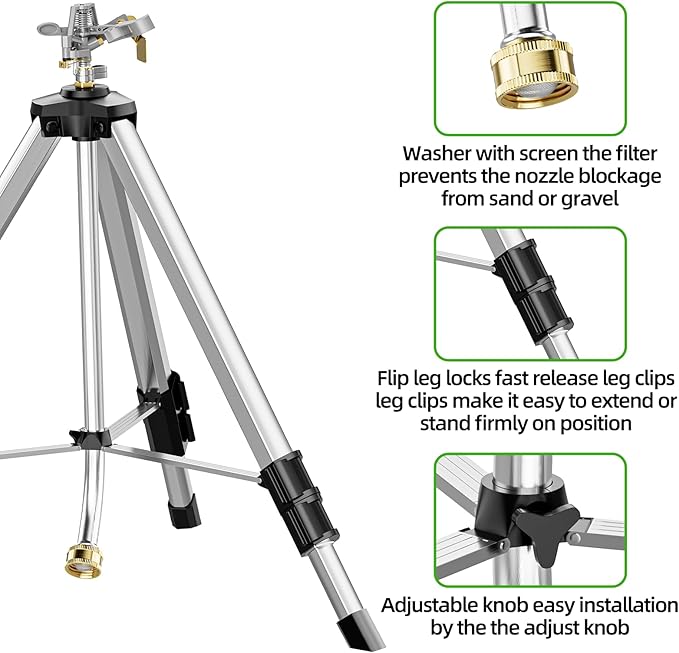 SPECILITE Brass Impact Sprinkler on Tripod Base, 48” Heavy Duty Metal Pulsating Telescoping, 360 Degree Irrigation for Large Area, Yard, Lawn, Waters up to 85ft, Covering up to 6200sqft