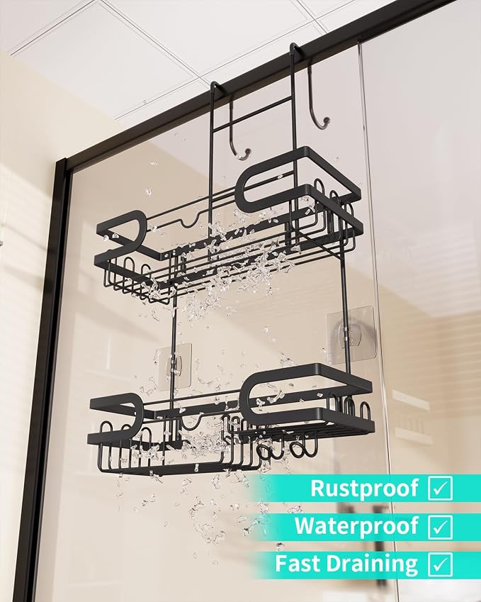 HapiRm Hanging Shower Caddy Over the Door with 14 Hooks and Soap Holder, No Drilling Adhesive Shower Storage, Rustproof & Waterproof Stainless Steel Bathroom Shelves - Black