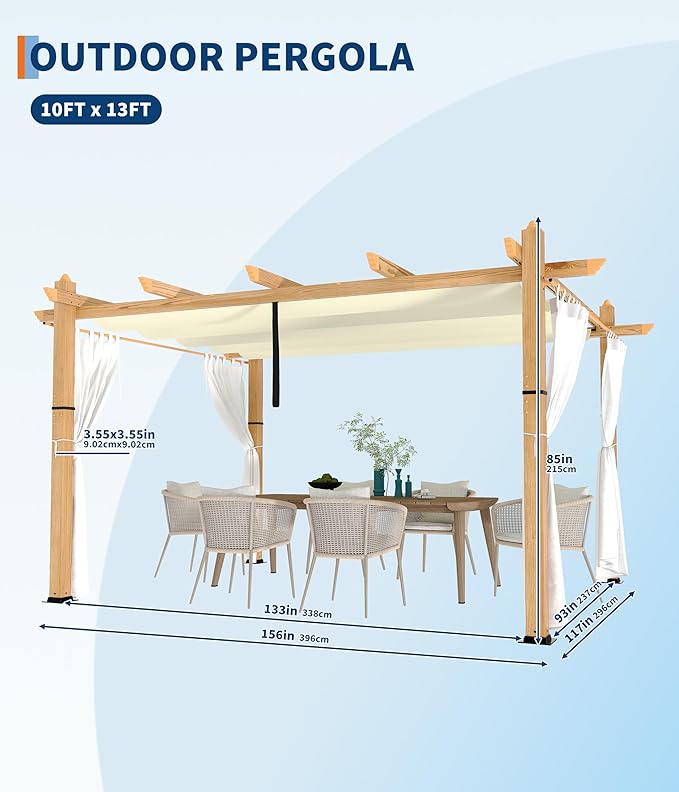 GarveeLife 10 x 13 ft Wood Grain Pergola Outdoor Gazebos with Canopy Sun Shade Shelter for Garden Patio Backyard Deck - Beige with Netting