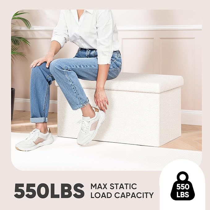 PINPLUS Folding Storage Ottoman Bench, Sherpa Ottoman with Storage, Large Long Shoes Bench Chest with Lid, Footrest for Living Room, Entryway, White 30'' x 15'' x 15''