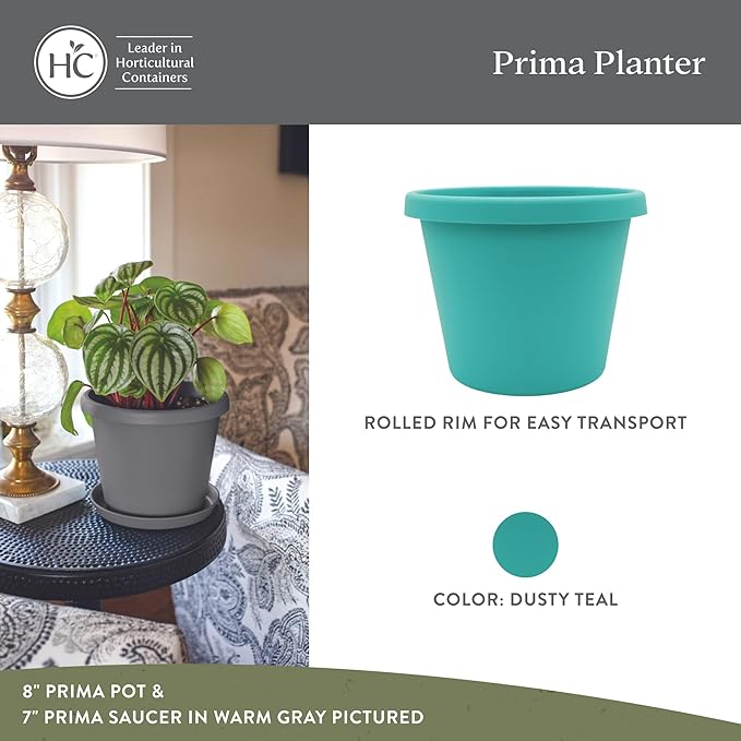 The HC Companies 8 Inch Prima Round Planter Pots with Drainage Holes and Rolled Rim, Lightweight UV-Resistant Plastic Indoor & Outdoor Planters, 4-Pack Flower Pots for Garden & Home Decor, Dusty Teal