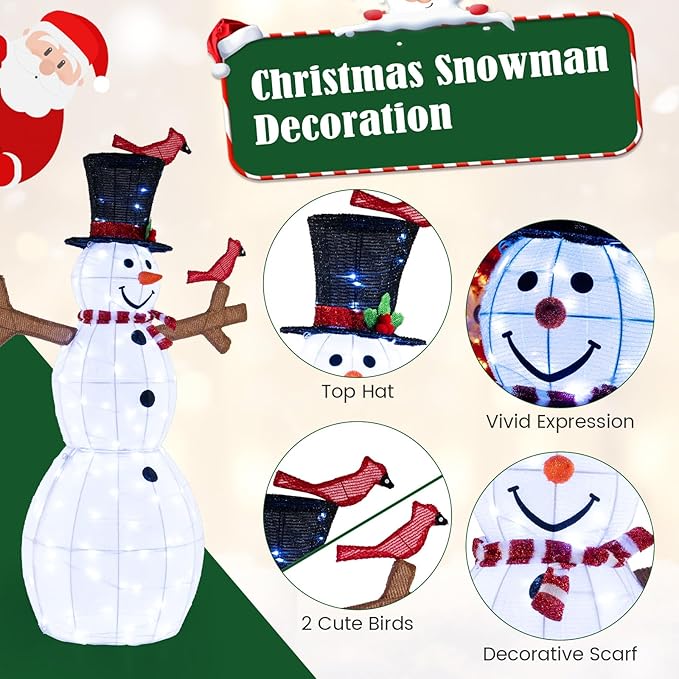 Tangkula 4.8 FT Christmas Lighted Snowman with Red Birds, Indoor Outdoor Pre-Lit Xmas Snowman with 120 LED Lights, Zip Ties & Ground Stakes, Snowman Holiday Decoration for Front Porch, Yard, Garden