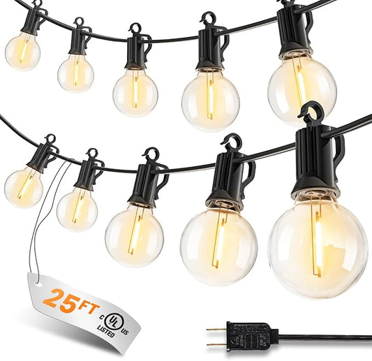 Outdoor String Patio Lights, 25FT 12 LED Patio Lights Waterproof, Connectable Shatterproof Hanging Outside String Light for Backyard, Porch, Deck, Balcony, Garden, House Decor, 2200K