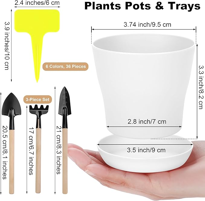 Hahood 36 Pack Plants Nursery Pots 4 Inches Plastic Flower Plant Pots Thickened Seedlings Nursery Pots with Tray White Flower Pots Gardening Plant Containers for Outdoor Indoor
