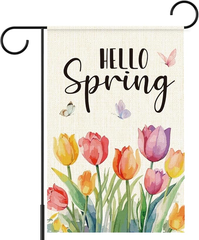 Hello Spring Flags for Outside,Tulip Garden Flag for Yard Patio Lawn Decoration,12x18 Inch Double Sided