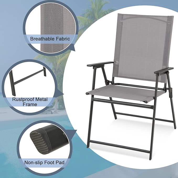 Tangkula Set of 2 Patio Folding Chairs, High Back Dining Chairs with Weather-Resistant Fabric, No Assembly, Outdoor Portable Metal Lawn Chairs with Armrests & Footrest for Garden