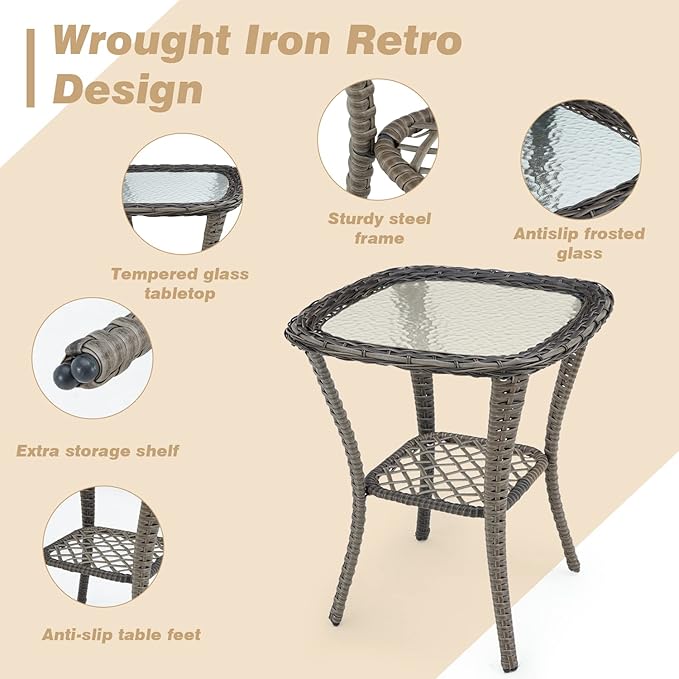 MELLCOM 3 Pieces Patio Furniture Set, Outdoor Swivel Rocker Patio Chairs, Wicker Patio Bistro Set with Rocking Chair, Thickened Cushions and Glass Coffee Table for Backyard, Garden, Khaki