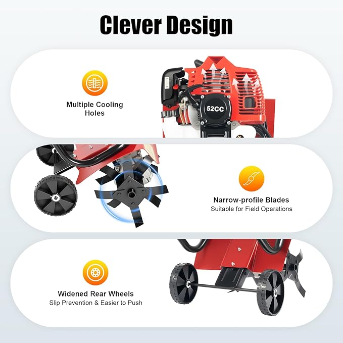 52CC 2 Stroke Tiller Cultivator, 1900W Garden Mini Tiller Rototiller Gas Powered Rotary Cultivator Hand Push Single-Cylinder Rototiller Garden Tool w/0.2GAL Fuel Tank for Soil Weeding (Hand Push)