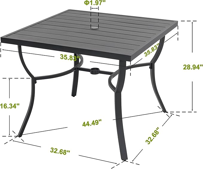 NUU GARDEN 36" Aluminum Slat Top Outdoor Patio Dining Table, 4 Person Square Aluminum Bistro Table with 1.97" Umbrella Hole, Powder Coated Frame Dining Tables for Lawn, Garden and Balcony, Black