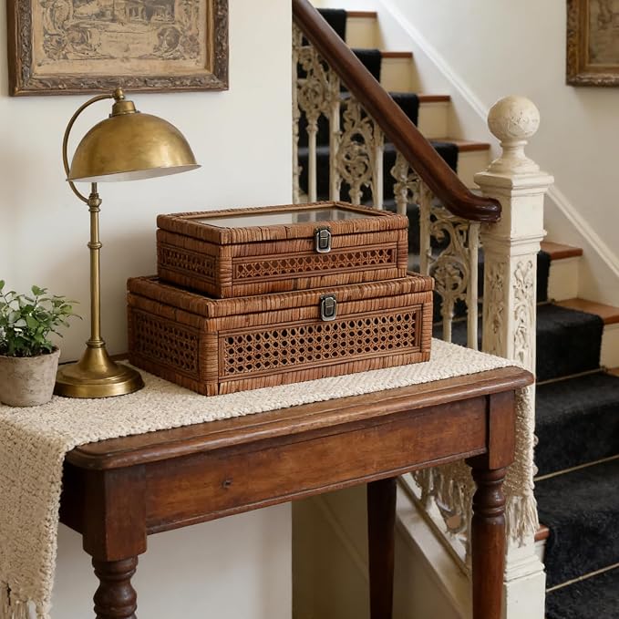 DECOR4SEASON Set of 2 Rattan and Cane Stacking Boxes,Brown,12"&14" | With Glass Top Lid,For Boho and Rustic Farmhouse Decor,Ideal for Storing Jewelry, Toys, and Keepsakes