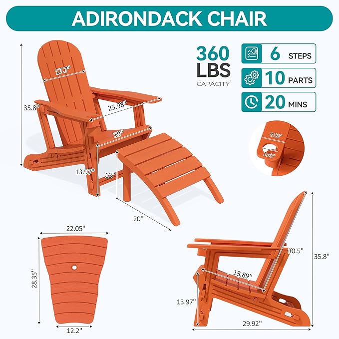 Vongrasig Adirondack Chairs Set of 2 with Removable Tabletop and Footrest, HDPE Plastic Outdoor Chair Set with Wooden Textured, Cup Holder for Patio, Poolside, Garden, Orange, 5 Pieces