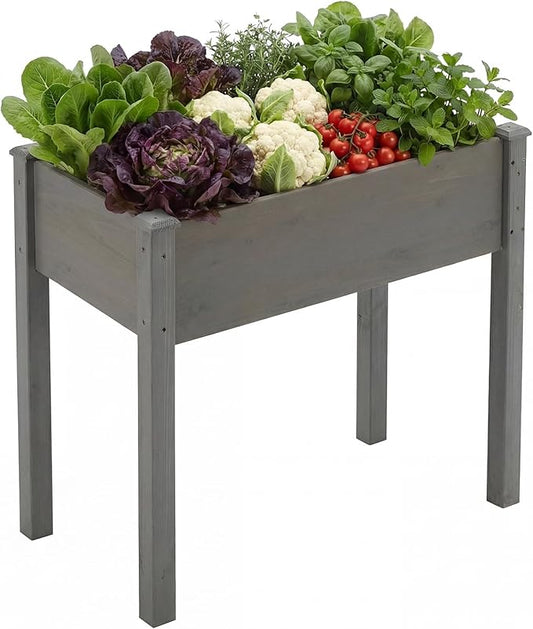 DUMOS Raised Garden Bed with Legs, 34x18x30 Inch Planter Box Outdoor with Liner for Herbs Flowers Vegetables, Elevated Wooden Garden Bed for Patio, Balcony and Backyard, Dark Grey