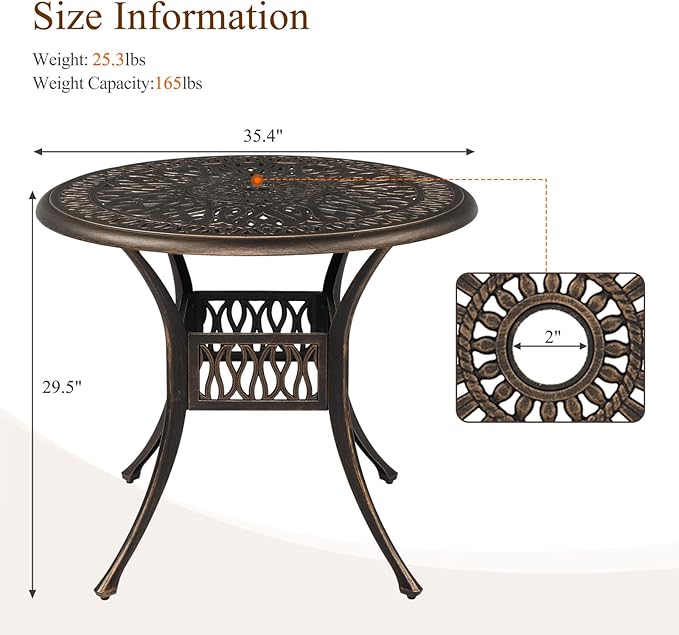 VINGLI 35" Patio Dining Table, Cast Aluminum Round Outdoor Dining Table with Umbrella Hole Outdoor Bar Table, Outdoor Bistro Table Outdoor Furniture Garden Table (35.4”Diax29.5”H)