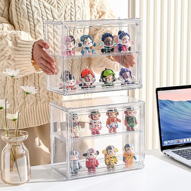 BOHOIDEE 2 Tiers Clear Display Case for Figures, Acrylic Storage Organizers Box with Magnetic Door, Wall-Mounted Dustproof Showcase for Collectibles Action Figure