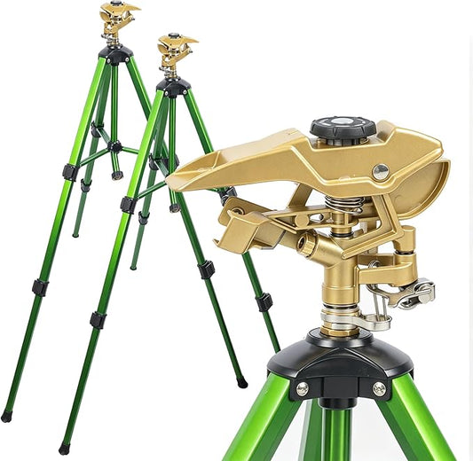 LIULO TOOL 2-Pack Large Impact Sprinkler on Tripod Base, Heavy Duty Zinc Alloy Sprinkler for Yard with Adjustable Head and Extendable Tripod, 360 Full Coverage Irrigation Tool for Lawn Garden