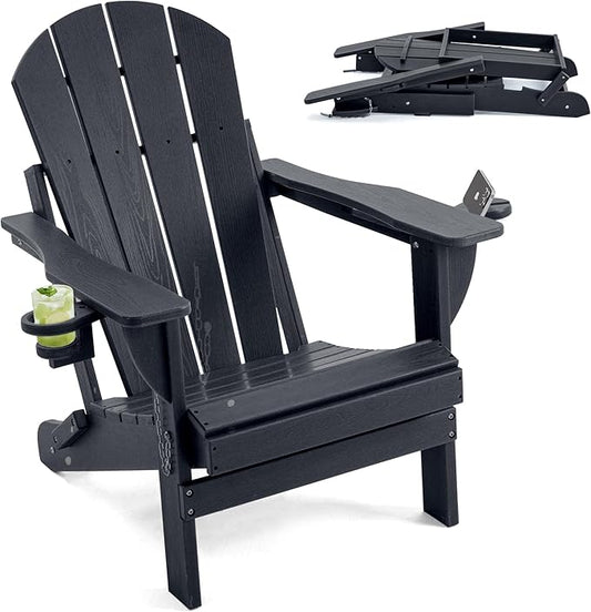 Folding Adirondack Chair, HDPE Outdoor Texture Lawn Chair with Reclining Back, Cup and Phone Holder - Comfortable Firepit Chair Weather Resistant for Patio or Backyard (Dark Black, Set of 1)