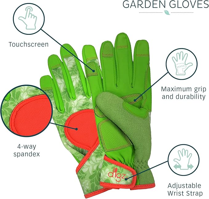 DIGZ 7652 Signature High Performance Women's Gardening Gloves, Work Gloves with Touchscreen Compatible Fingertips, Green Leaves Pattern, Medium