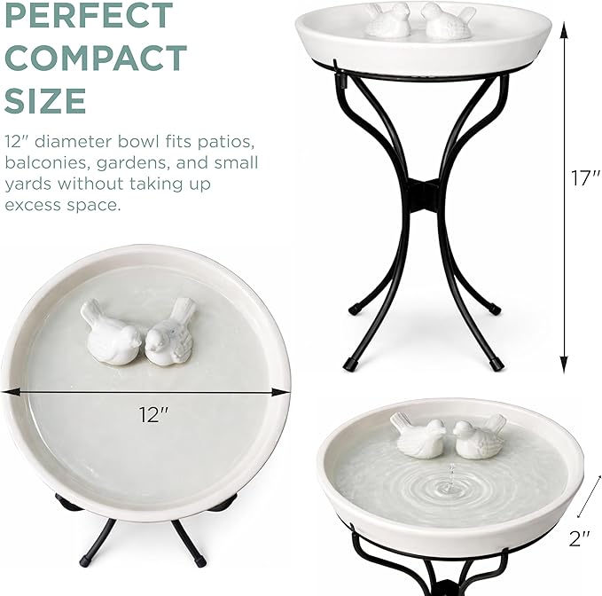 Alpine Corporation VTFAM148A 12" White Ceramic Bird Bath with Decorative Bird Accent & Black Metal Stand – Outdoor Garden Patio Yard Birdbath, 17" Tall Pedestal Base