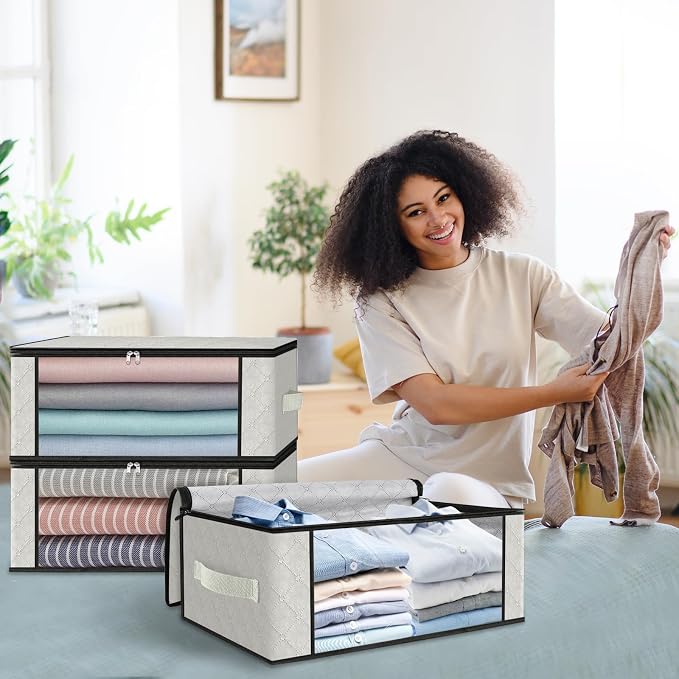 HomeHacks 3-Pack Clothes Organizer Storage Bags, 35L Storage Bins, White